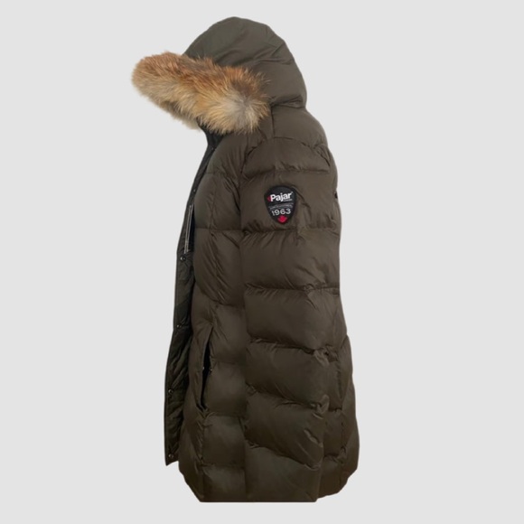 PAJAR CANADA Goose Down Puffer Coat with Fox Fur Hood Military Green Medium NWT - Picture 7 of 16